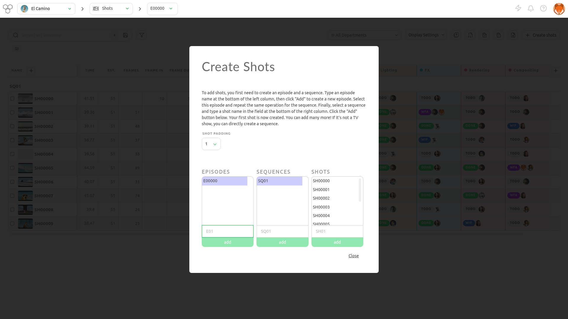Manage shots