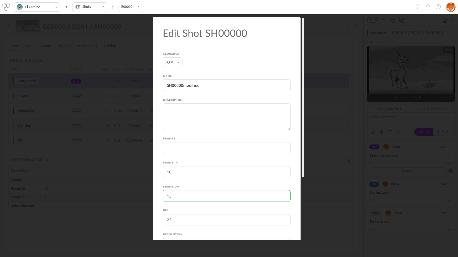 Shot edit page