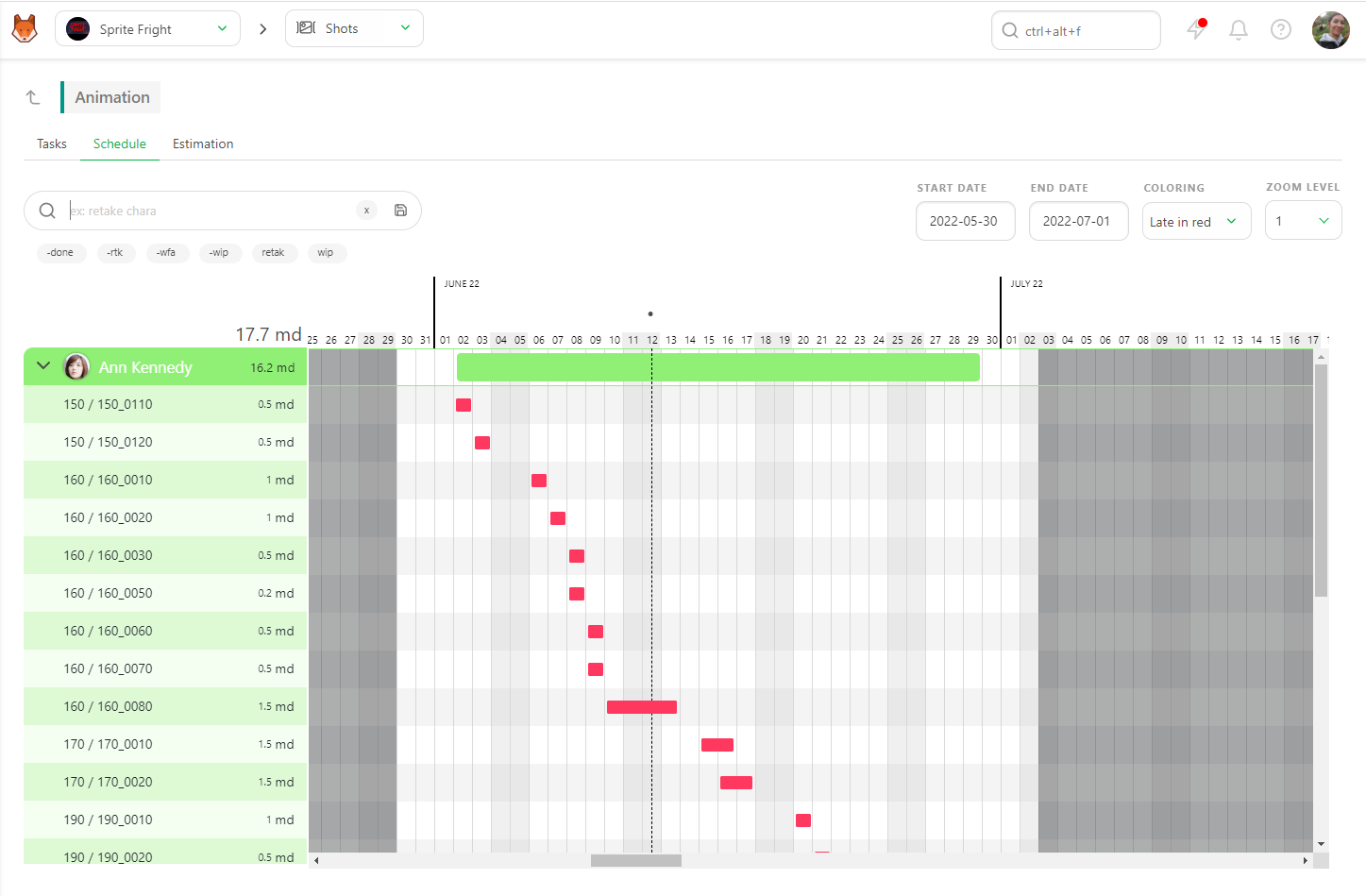Task type page schedule coloring late in red