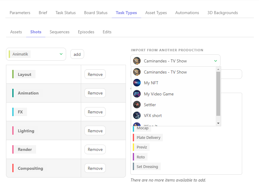 Task Type Settings page